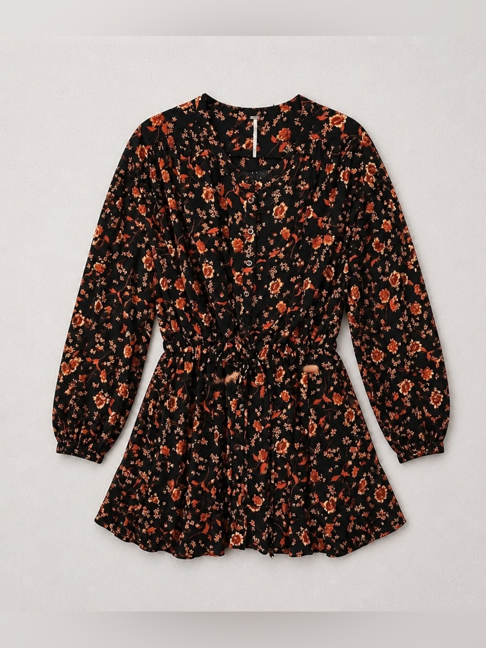 Free People Black Floral Midi Dress with Rust Orange Accents